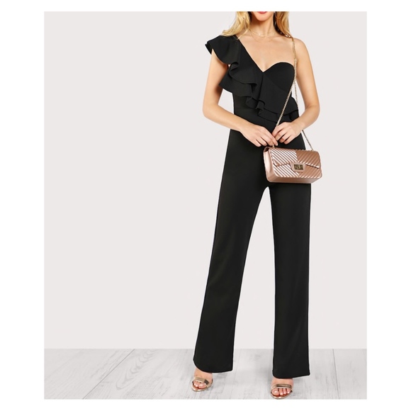 MBM Unlimited Pants - Black One Shoulder Ruffle Side Solid Jumpsuit